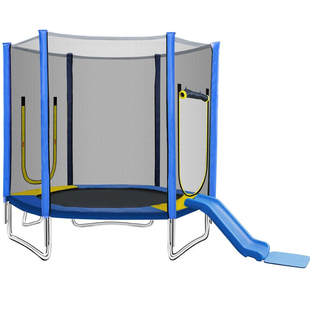 7 ft. Round Outdoor Recreational Trampoline with Safety Fence Net, Slide and Ladder, Easy to Assemble, Blue