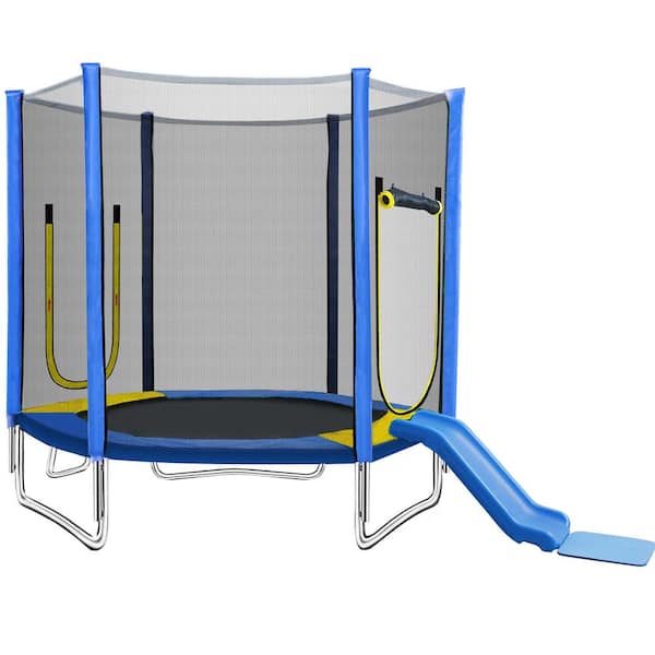 Unbranded 7 ft. Round Outdoor Recreational Trampoline with Safety Fence Net, Slide and Ladder, Easy to Assemble, Blue