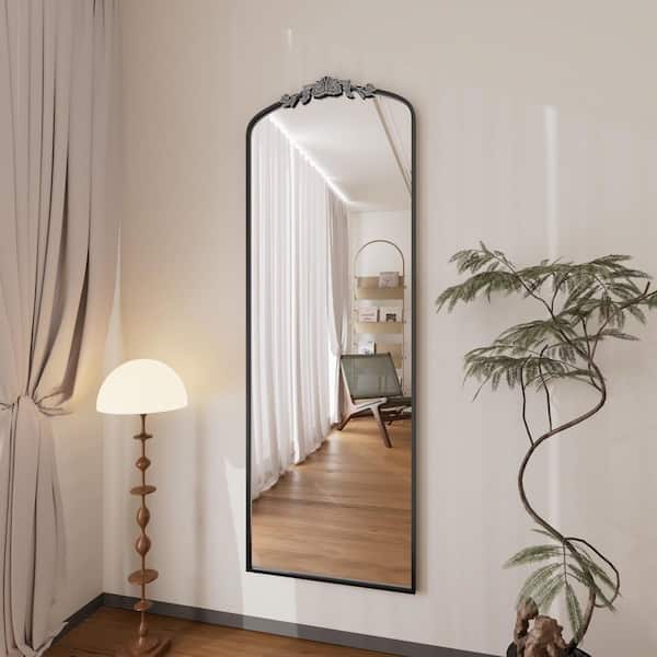 Black 28 in. W x 71 in. H Arched Metal Framed with Carved Pattern Full Length Mirror