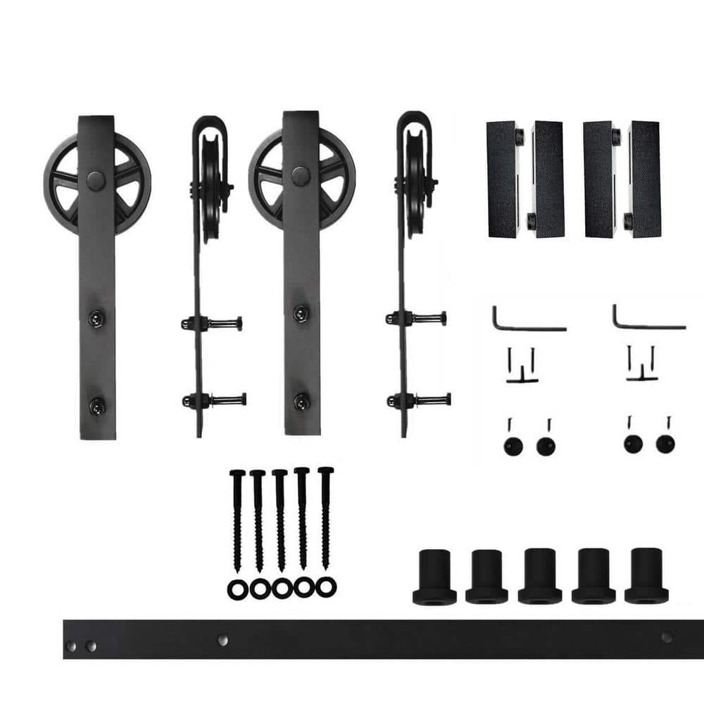 Rustic Black Double Sliding Barn Door Hardware Kit with Spoke Wheel Design