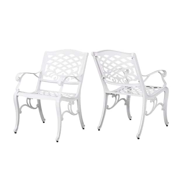 Noble House Phoenix White Armed Aluminum Outdoor Patio Dining Chair (2-Pack)