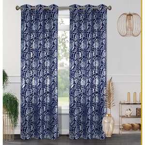 Benham Navy Blue Floral Polyester Thermal 76 in. W x 84 in. L Grommet Blackout Curtain Panel (Set of 2)