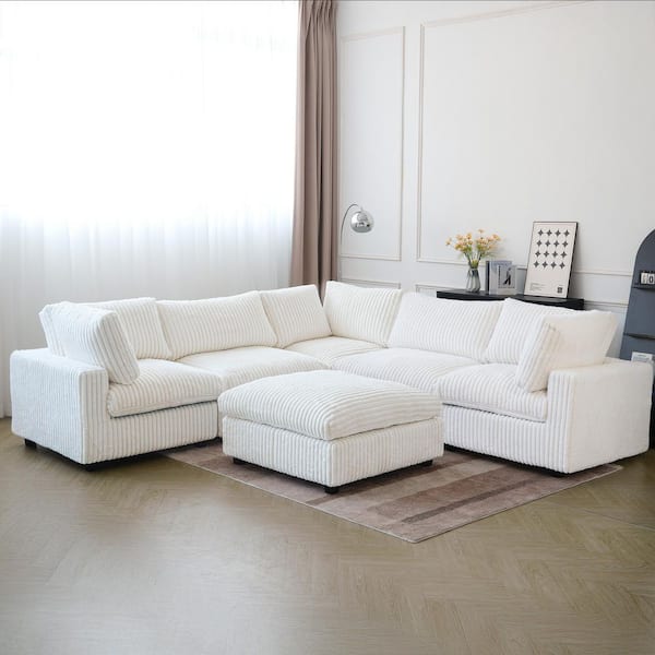 Magic Home 118 in. Square Arm Soft Velvet V-Shaped Modular Sofa Lawson Cloud Couch with Ottoman, Washable Covers for Party in White
