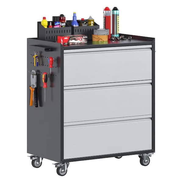 Hephastu 30.31 W x 35.33 in. H x 18.11 in. D Metal Rolling Tool Storage Cabinet, 3 Drawer Garage Cabinets in Black and Grey