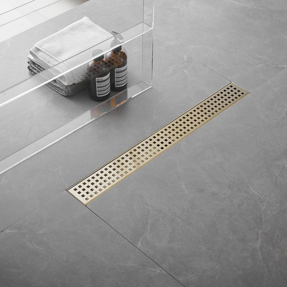 Brushed Gold 24-Inch Stainless Steel Linear Shower Drain with Square Pattern