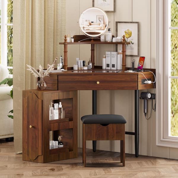 Walnut 29.13 in. W Makeup Vanity with Charging Station, Cabinet, Drawer and Shelf, Dresser with Stool without Mirror
