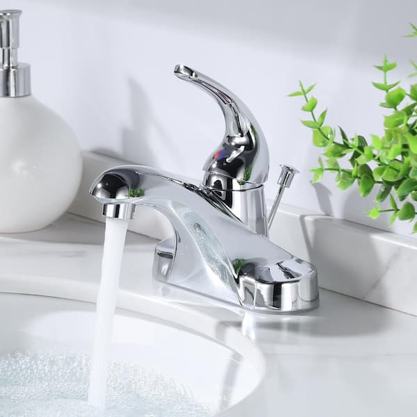 Durable 4 in. Centerset Single Handle Mid Arc Bathroom Faucet with Lift Rod Drain and Supply Lines in Polished Chrome