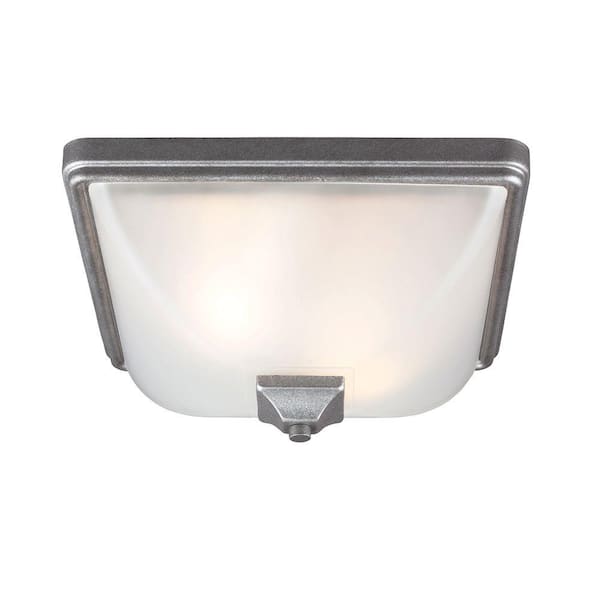 Generation Lighting Irving Park 2-Light Outdoor Weathered Pewter Ceiling Flushmount with Satin Etched Glass