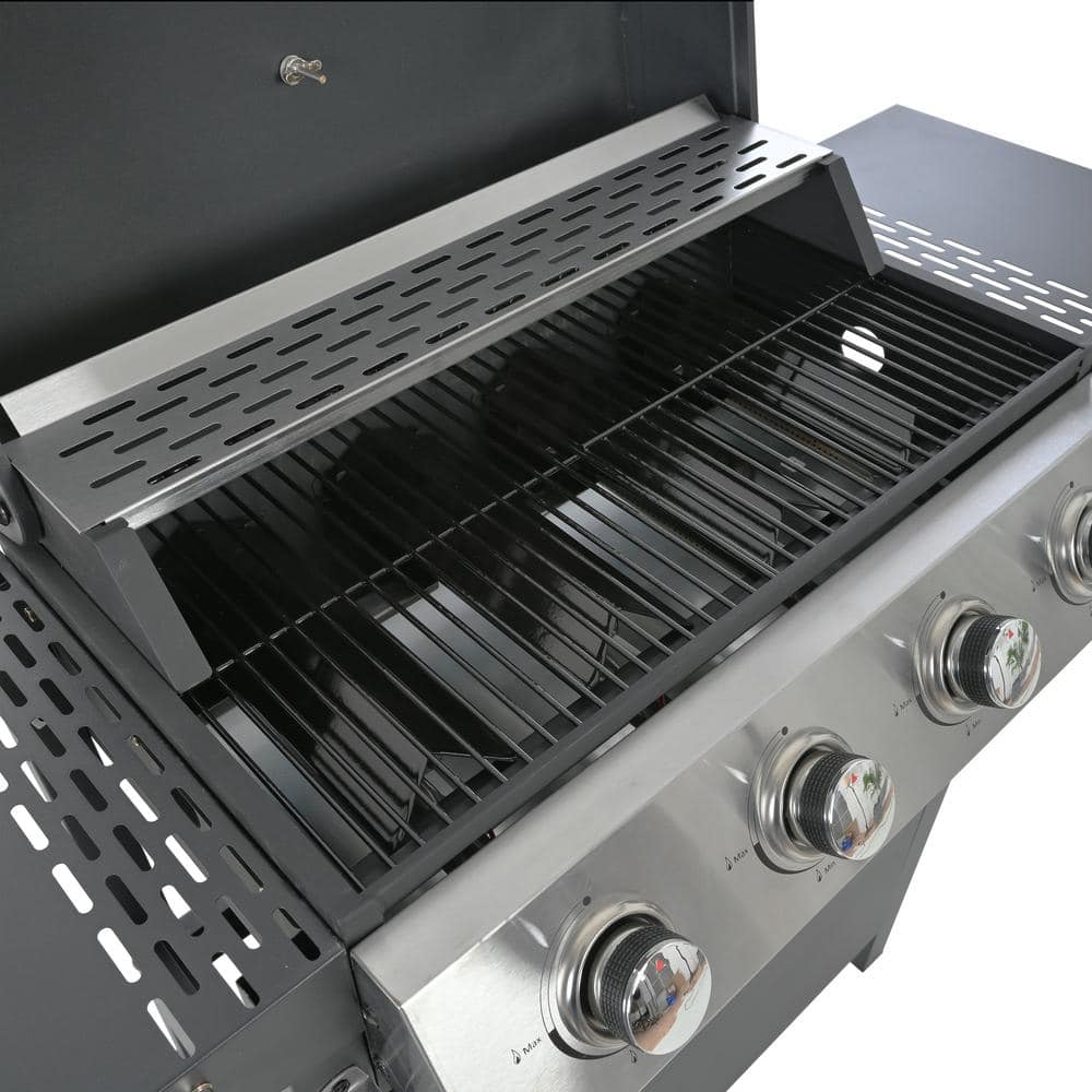 Black Stainless Steel 4-Burner Propane Gas Grill with Side Burner