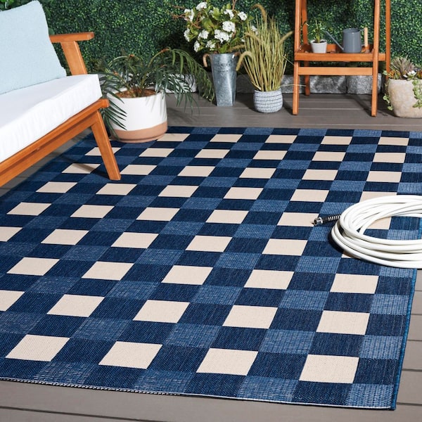 Courtyard Navy/Beige 8 ft. x 10 ft. Plaid Grid Indoor/Outdoor Area Rug
