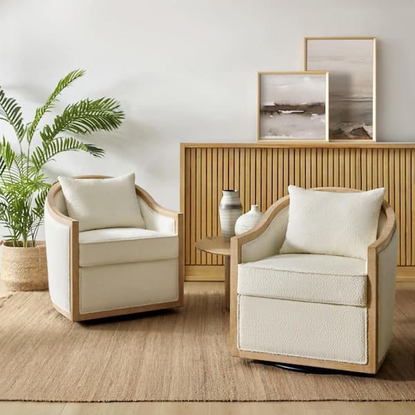 Oscar Jess Farmhouse Solid Wood Edging Swivel Barrel Chair Set of 2 with Toss Pillows-Ivory