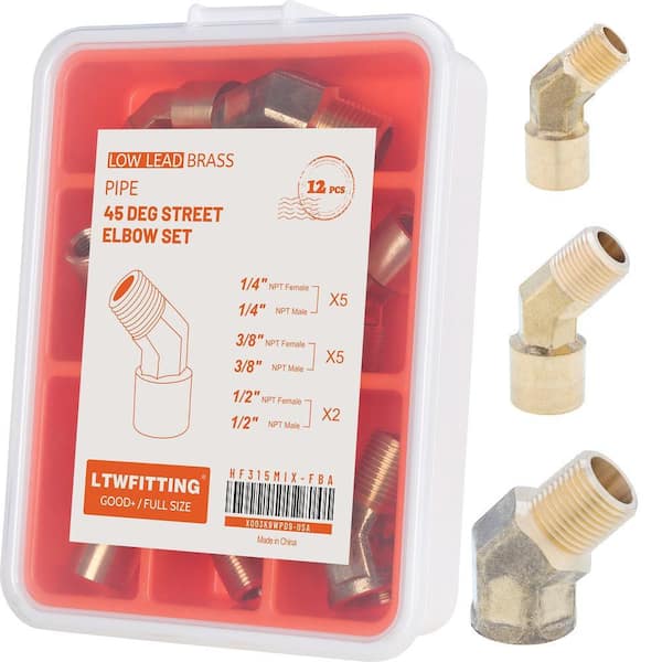 1/4 in. 3/8 in. 1/2 in. NPT Female x1/4 in. 3/8 in. 1/2 in. NPT Male Brass Pipe 45 Deg Street Elbow Forged Set (12-Pack)