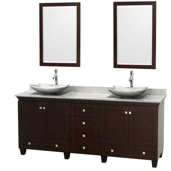 Wyndham Collection Acclaim 80 in. W Double Vanity in Espresso with Marble Vanity Top in Carrara White, White Carrara Sinks and 2 Mirrors