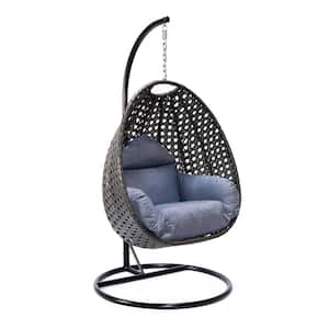 Charcoal Wicker Indoor Outdoor Hanging Egg Swing Chair For Bedroom and Patio with Stand and Cushion in Charcoal Blue