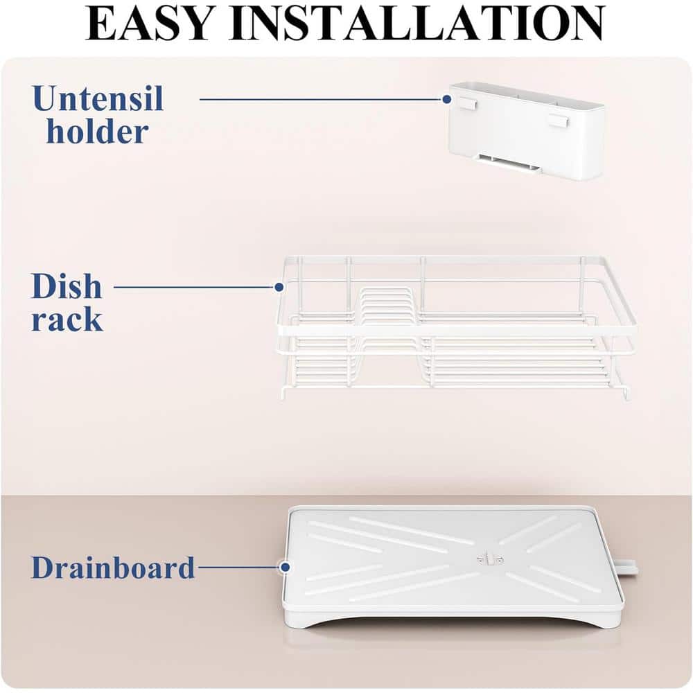 White Stainless Steel Countertop Dish Rack with Utensil Holder