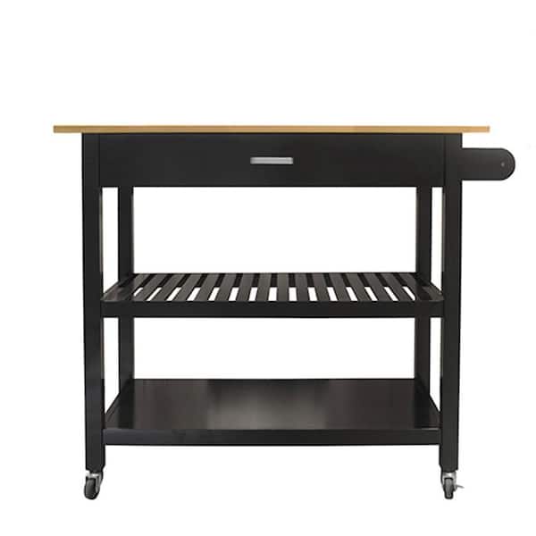 Boosicavelly 40.00 inch Black Wood Kitchen Cart with 2-Lockable Wheels, Rubber Wood Top