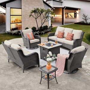 Daydreamer Brown 6-Piece Wicker Patio Fire Pit Set with Beige Cushions and Swivel Rocking Chairs