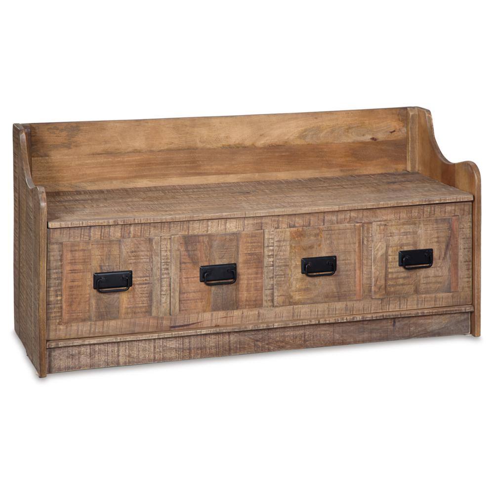 Garrettville Light Brown Solid Wood Storage Bench with Faux Drawers