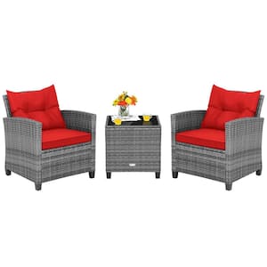 Grey 3-Piece Metal Rectangle 19.5 in. Outdoor Bistro Set with CushionGuard Red