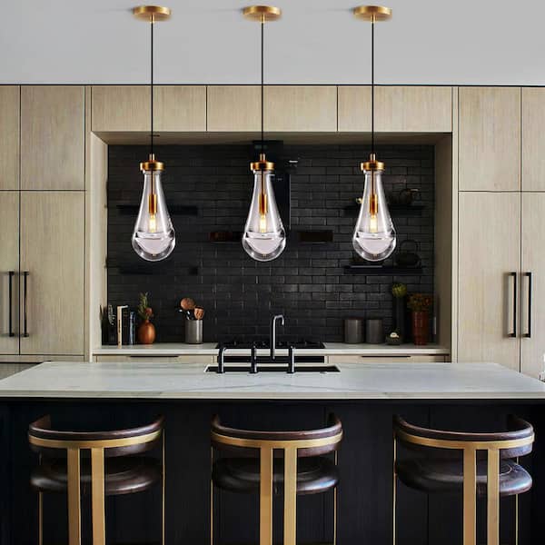 72 in. H 1-Light Dimmable Raindrop Brass Kitchen Island Pendant Light, Teardrop Glass Pendant Light Living Room(3-Piece)