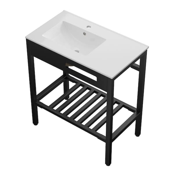 32 in. Ceramic White Bathroom Console Sink and Stainless Steel Legs Combo in Matte Black with Overflow