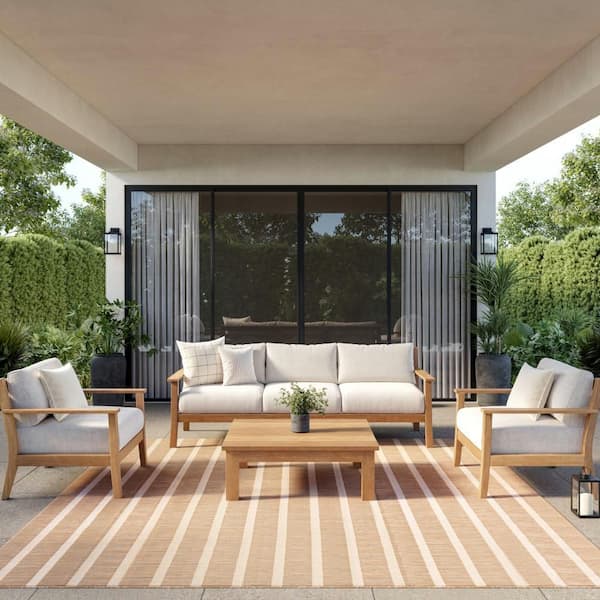 Positano Beige Ivory 10 ft. x 10 ft. Stripes Contemporary Square Area Rug