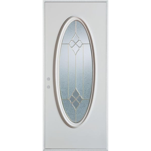 Stanley Doors 32 in. x 80 in. Geometric Brass Full Oval Lite Painted White Right-Hand Inswing Steel Prehung Front Door