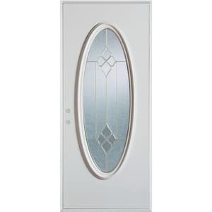 36 in. x 80 in. Geometric Brass Full Oval Lite Painted White Right-Hand Inswing Steel Prehung Front Door