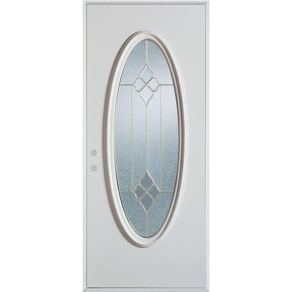 Stanley Doors 32 in. x 80 in. Geometric Zinc Full Oval Lite Painted White Right-Hand Inswing Steel Prehung Front Door