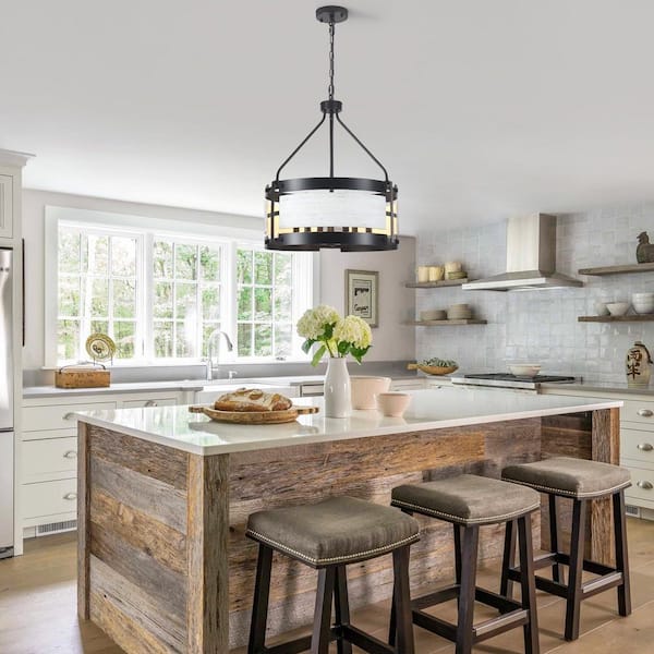 6-Light Black and Beige Gray Antique Textured Drum Chandelier Farmhouse Industrial Candlestick Pendant Light