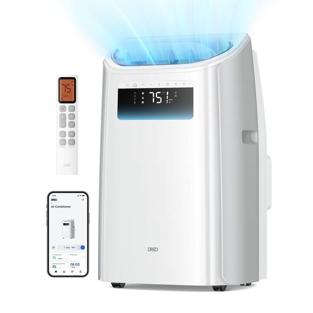 DREO 12,000 BTU Smart Portable AC Unit with Drainage-Free Cooling, 46 dB, Quiet 150 sq.ft. with Fan and Dehumidifier in White