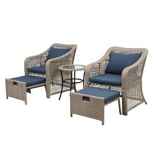 Brown 5-Piece Wicker Patio Conversation Set with Navy Blue Cushions and Glass Table