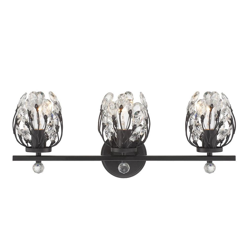 Moreno Matte Black 3-Light Vanity with Clear Crystal Buds