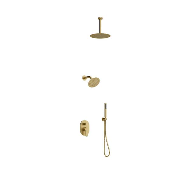 Crozet 3-Spray 10 in. Ceiling Mount Dual Fixed and Handheld Shower Head Shower Faucet 1.8 GPM in Brushed Gold