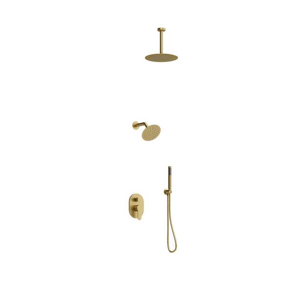 Crozet 3-Spray 10 in. Ceiling Mount Dual Fixed and Handheld Shower Head Shower Faucet 1.8 GPM in Brushed Gold