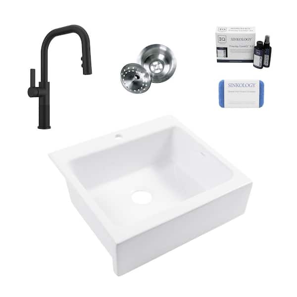 SINKOLOGY Josephine 26 in. 1-Hole Quick-Fit Farmhouse Apron Drop-in Single Bowl White Fireclay Kitchen Sink with Black Faucet Kit