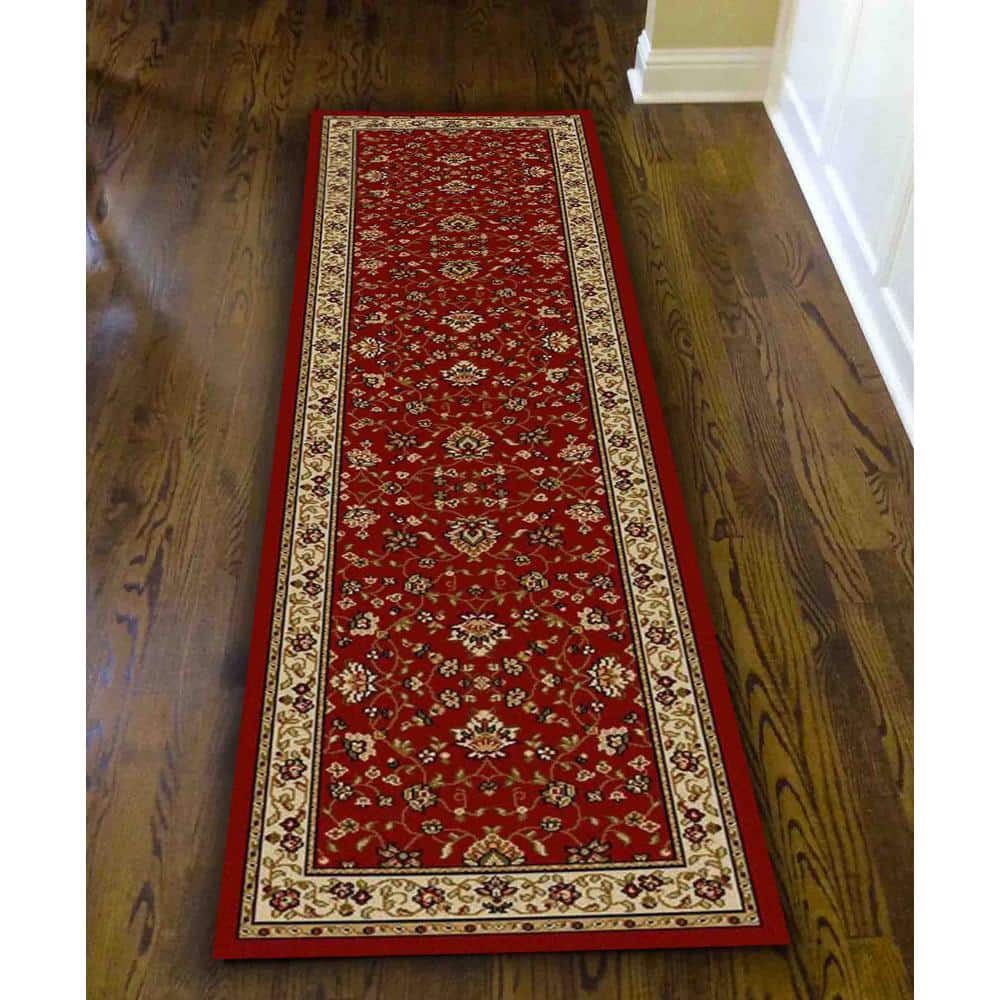 Red Floral Border 8' Runner Synthetic Area Rug