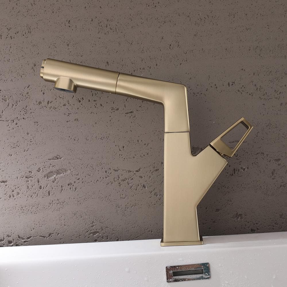 Brushed Gold Deck-Mounted Bathroom Faucet with Pull Out Sprayer