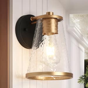 Modern Gold and Black Outdoor Wall Lantern Sconce with Textured Glass Shade, Garden Light for Porch Patio Front Door