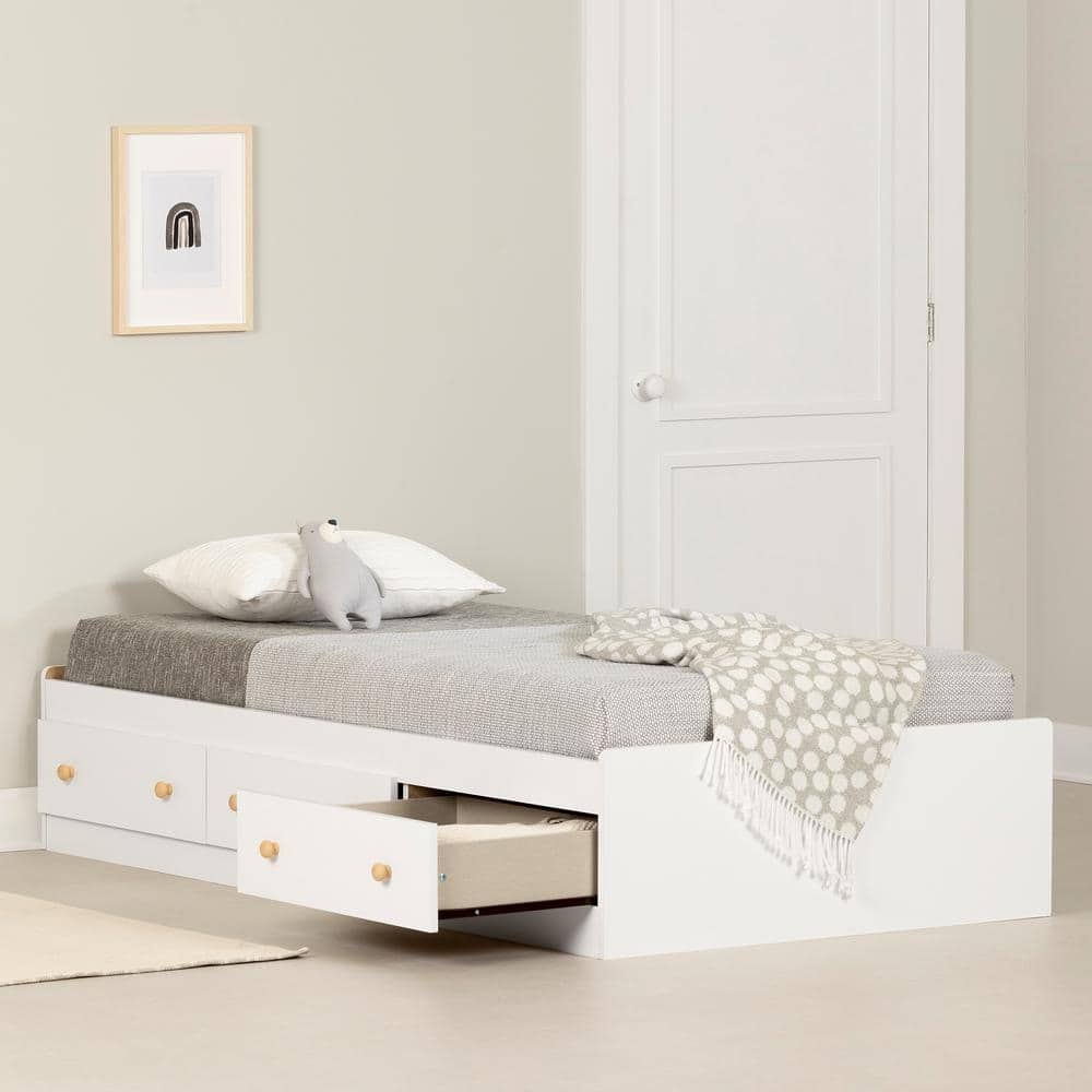 Twin Captain's Wood Frame Bed with 3 Storage Drawers in White and Maple