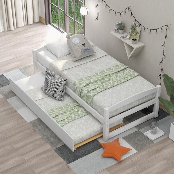 GODEER White Twin Size Captain's Bed Wooden Daybed with Trundle