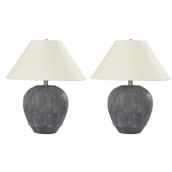 21.65 in. Dark Gray Ceramic Table Lamp Set and with White Fabric Bell Shade (Set of 2)