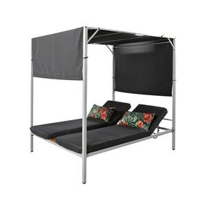 1-Piece Metal Outdoor Patio Day Bed with Gray Cushions, Adjustable Seats and Sunshade Curtains