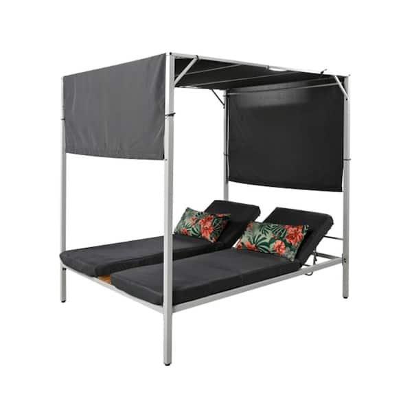 Misopily 1-Piece Metal Outdoor Patio Day Bed with Gray Cushions, Adjustable Seats and Sunshade Curtains
