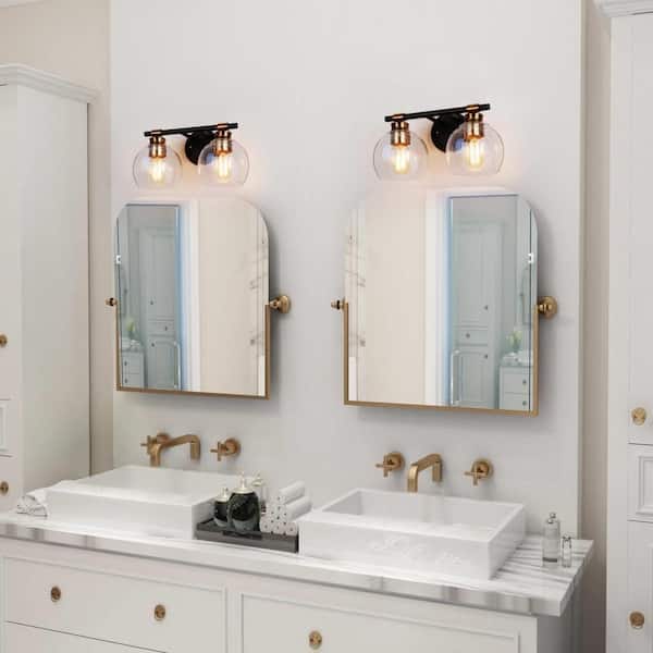 14 in. 2-Light Modern Black Bathroom Vanity Light, Rustic Vintage Brass Vanity Light, Globe Seeded Glass Wall Sconce
