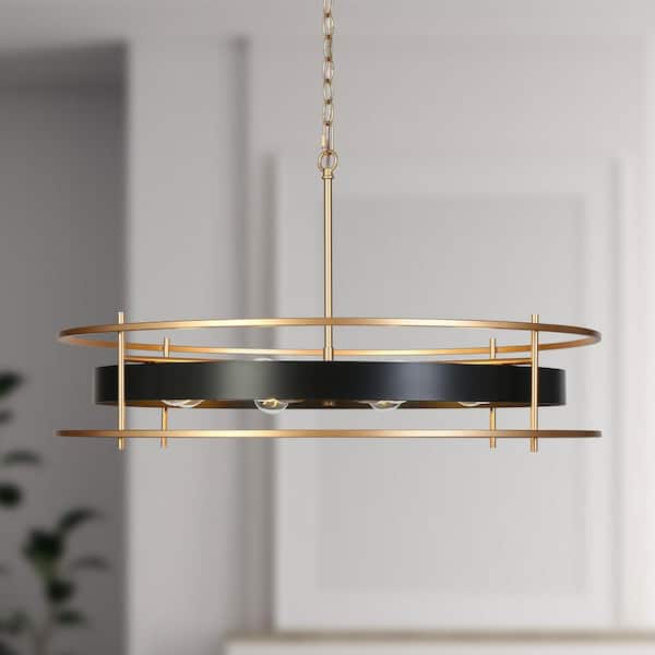 Modern Farmhouse 31.6 in. W 8-Light Black and Gold Chandelier, Adjustable Drum Chandelier for Living Room, Dining Room