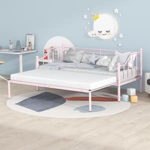 Pink Metal Daybed with Pull Out Trundle, Twin Size Daybed with Trundle, Twin Size Sofa Bed Frame for Kids, Teens, Adults