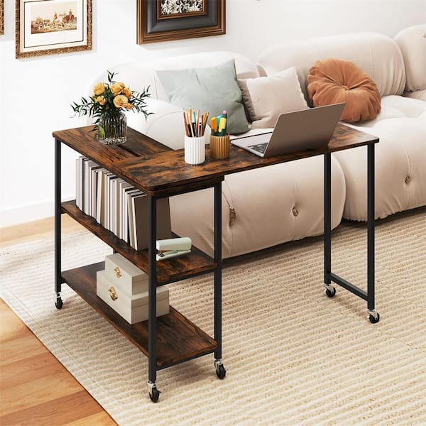 40 in. Rustic Brown 28.5 in. Large 360° Free Rotating Wood End Side Table with Wheels Storage Shelf Patented