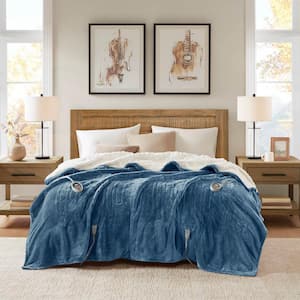 Heated Plush to Berber Sapphire Blue Polyester Twin Electric Blanket