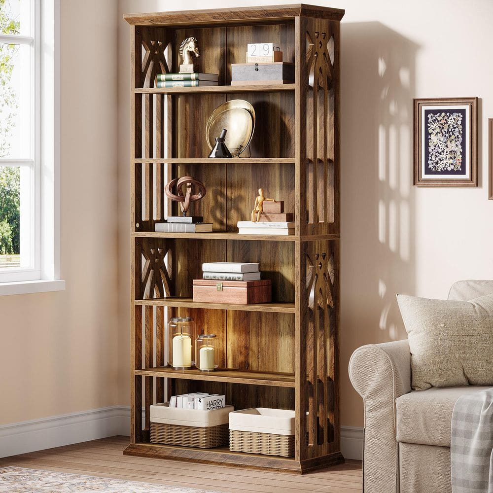 BYBLIGHT Eulas 75 in. Tall Brown Wood 6-Shelf Standard Bookcase